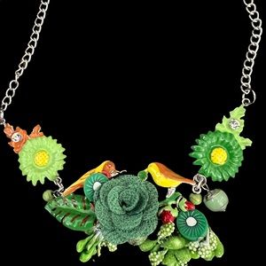 Enamel Bird and flower necklace with crystals.